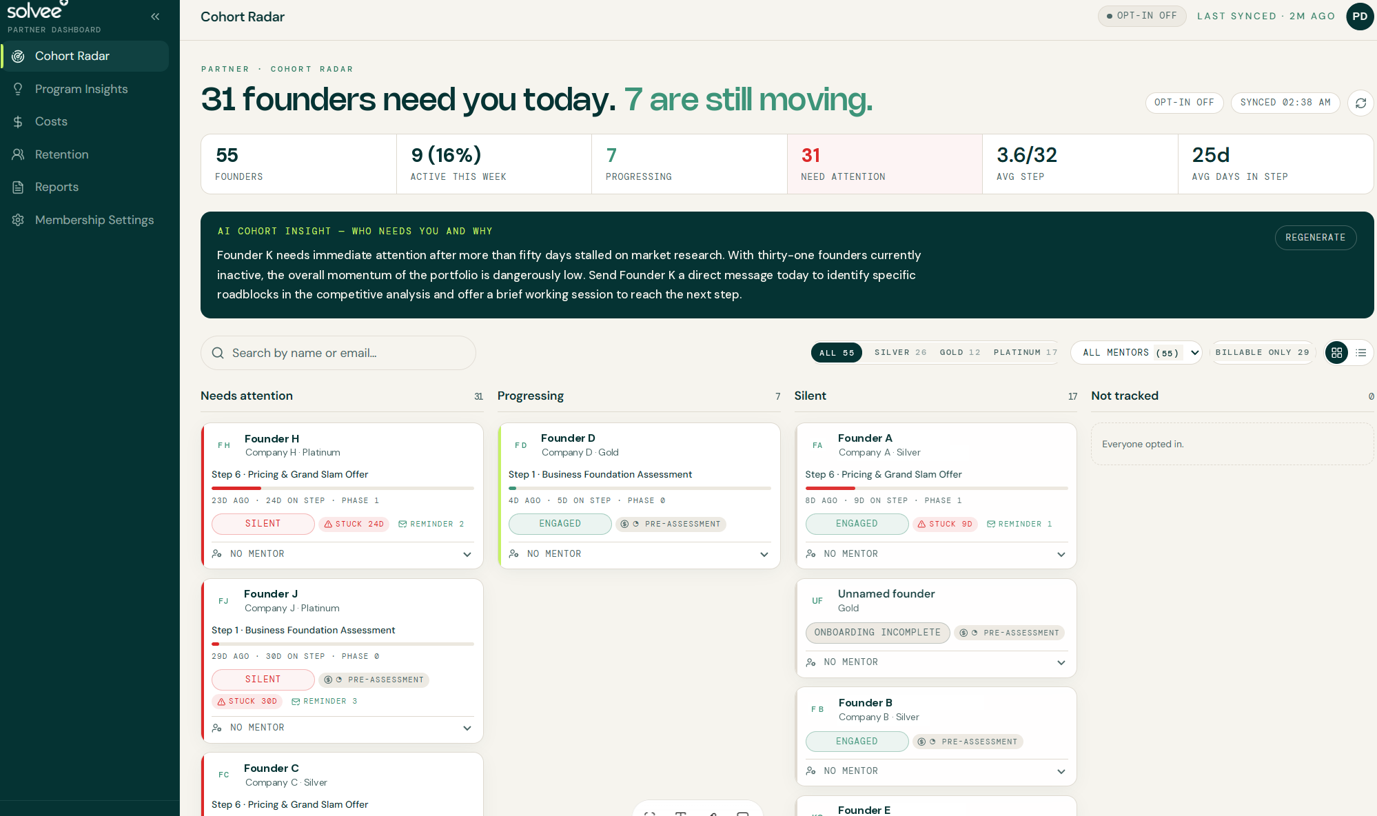 Cohort radar grouping founders into needs attention, progressing and silent columns